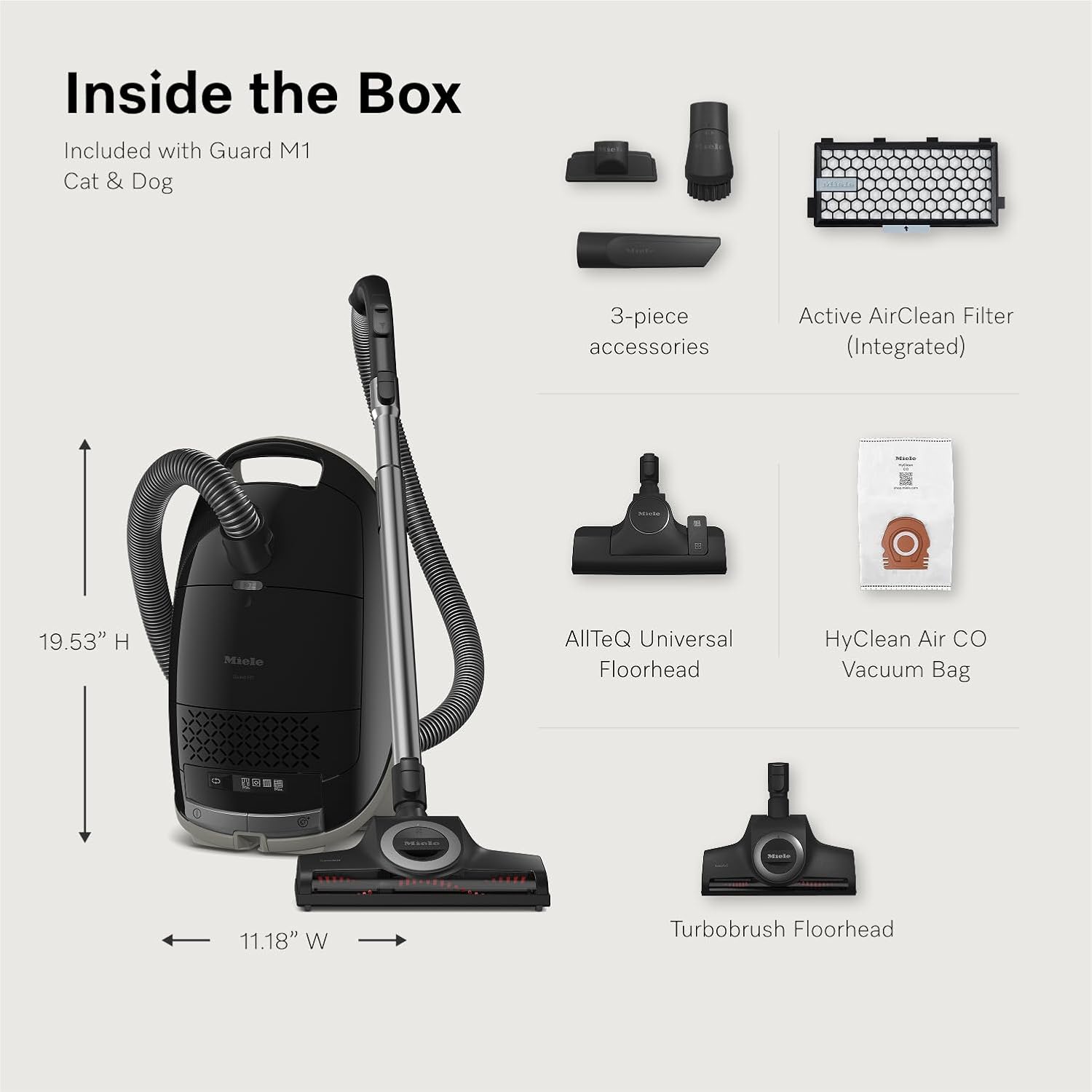 NEW Miele Guard M1 Cat & Dog Bagged Canister Vacuum for Pet Owners with Odor-Reducing Active AirClean Filter, TurboTeQ Floorhead, and AllTeQ Universal Floorhead, in Obsidian Black/Space Grey