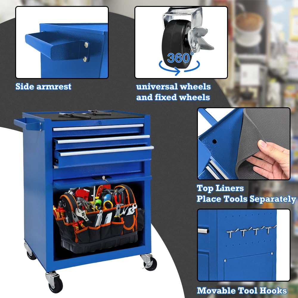 13 Drawers Tool Chest with Wheels,Large Capacity Tool Storage Cabinet with Removable Top Toolbox, Locking Mechanical Tool Cart with Liner,Suitable for Garages, Warehouses-Blue