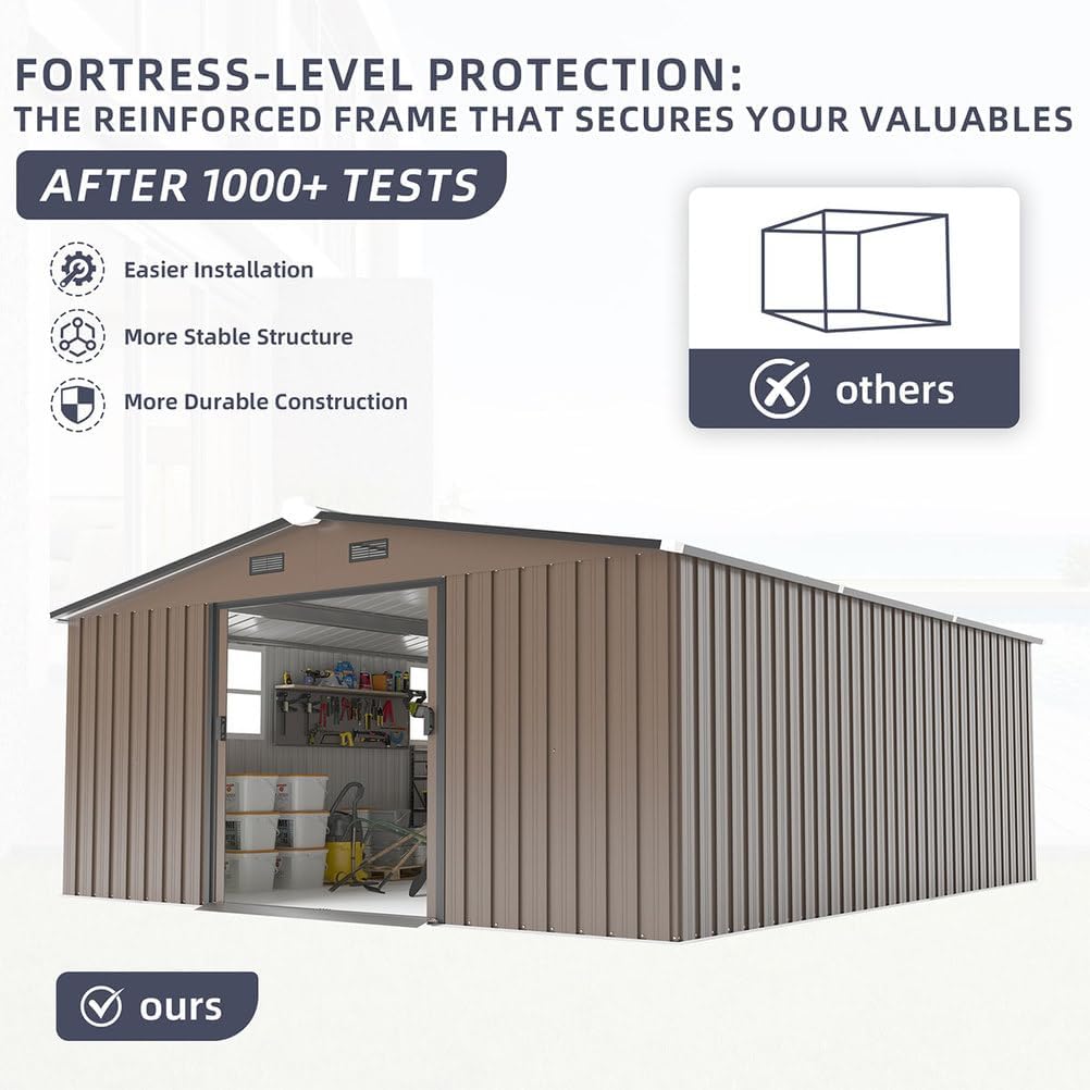 10x12 FT Outdoor Storage Shed, Extra Large Metal Garden Shed with Lockable Doors, Windows & Air Vents, Heavy-Duty Steel Backyard Utility Shed for Tools, Lawn Equipment, Motorcycles, Bikes, Patio,Brown