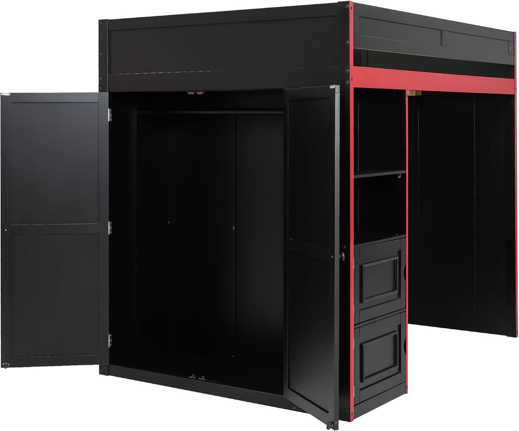 SOFTSEA Full Size Gaming Loft Bed with Desk, Storage Stairs, LED Lights, Bookshelves & Wardrobe, Multifunctional Loft Bed, No Box Spring Needed, Black Red