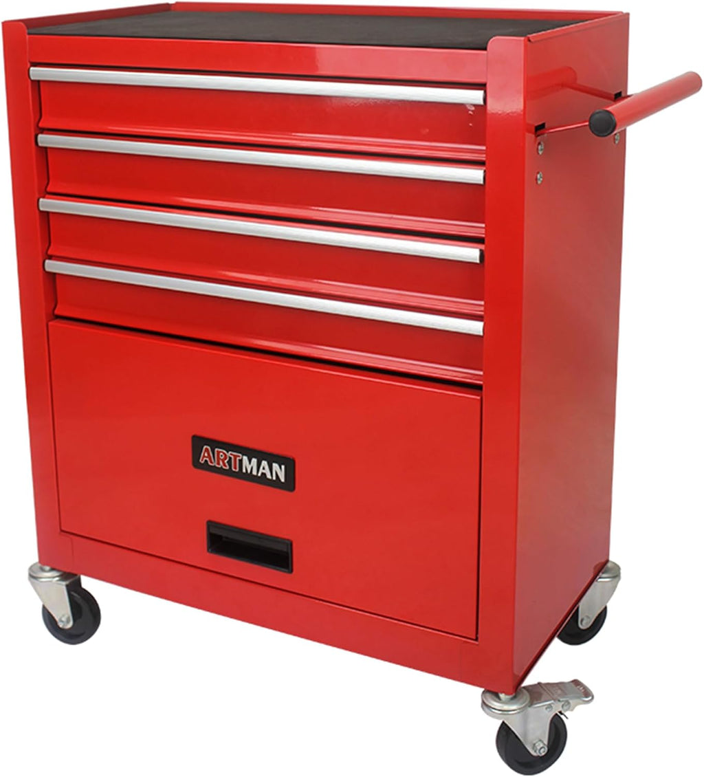 Campfun 4-Drawer Rolling Tool Cart, Metal Tool Storage Organizer Cabinet with Interlock System and Wheels, Multifunctional Mechanic Tool Chest for Garage, Warehouse, Workshop Repair Shop, Red