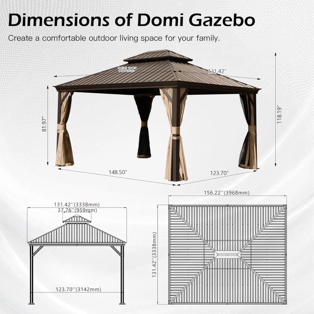 11x13FT Hardtop Gazebo with Double Roof, Metal Outdoor Gazebo for Patio, Water Resistant Steel Pergola with Netting & Curtains, Brown