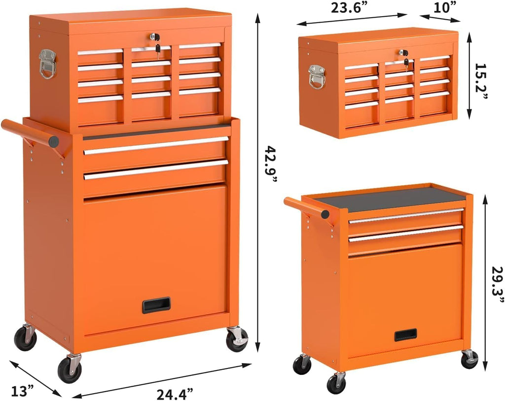 8-Drawer High Capacity Rolling Tool Box with Wheels,Rolling Tool Chest with Drawer,Tool Box on 4 Wheels with Lock, Tool Storage Cabinet Removable Portable Box for Garage Warehouse (Orange)