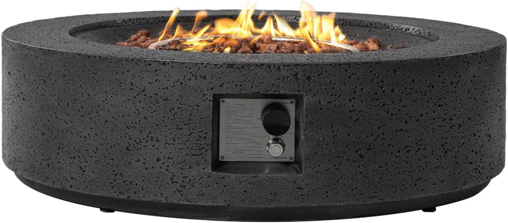 SUNBURY Outdoor Travertine Fire Pit Table, 42 inches Round Propane Gas Patio Fire Pit 50,000 BTU Concrete, Circular Base Firepit with Lava Rocks, Waterproof Cover (Grey)