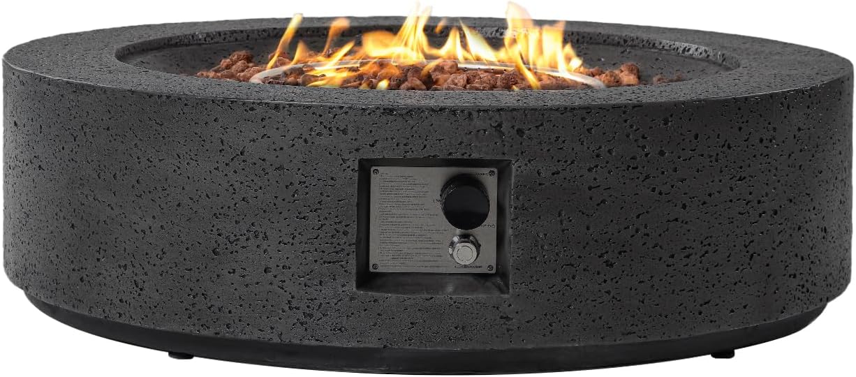 SUNBURY Outdoor Travertine Fire Pit Table, 42 inches Round Propane Gas Patio Fire Pit 50,000 BTU Concrete, Circular Base Firepit with Lava Rocks, Waterproof Cover (Grey)