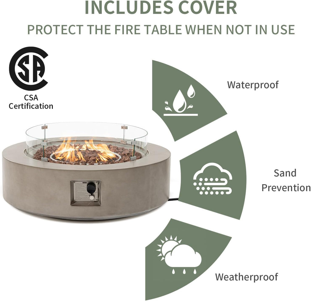 COSIEST 2-Piece Outdoor Propane Firepit Table Set w Tank Table, 42' Fire Table Certified, 50,000 BTU w Gray Round Base,Wind Guard and 16 inches Tank Side Table 20lb for Garden,Pool