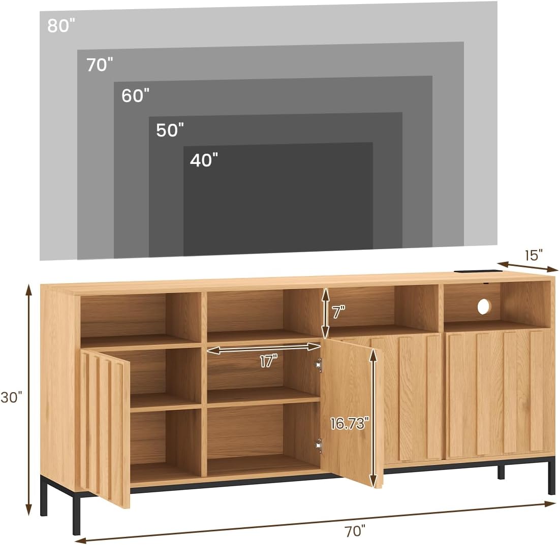 COCO DESIGN 70' Fluted TV Stand with Power Outlet for TVs up to 80', Modern Entertainment Center with Adjustable Shelves, Media Console Table with Storage for Living Room, Oak