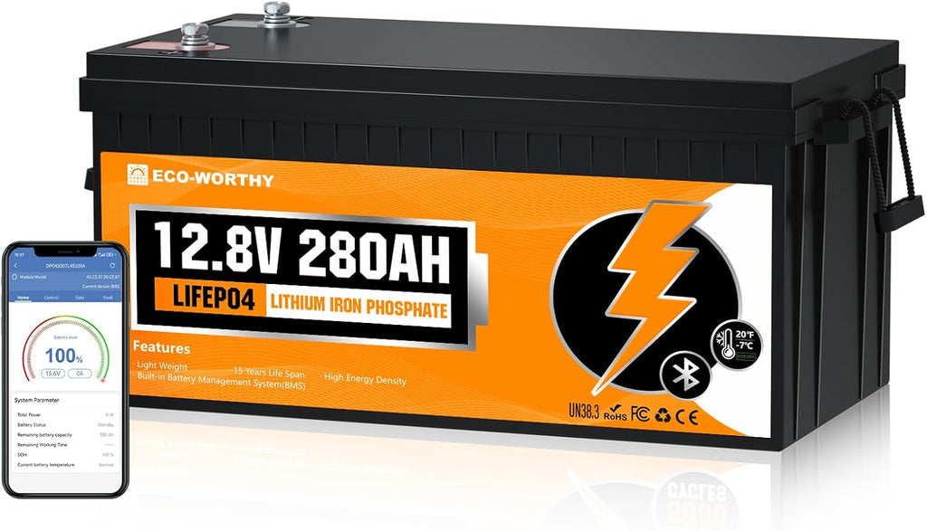 ECO-WORTHY 3584Wh 12V 280Ah LiFePO4 RV Battery w/Bluetooth & Low Temp Cutoff - Built-in 200A BMS - Deep Cycle for Camper, Trailer, Off-Grid, Solar System
