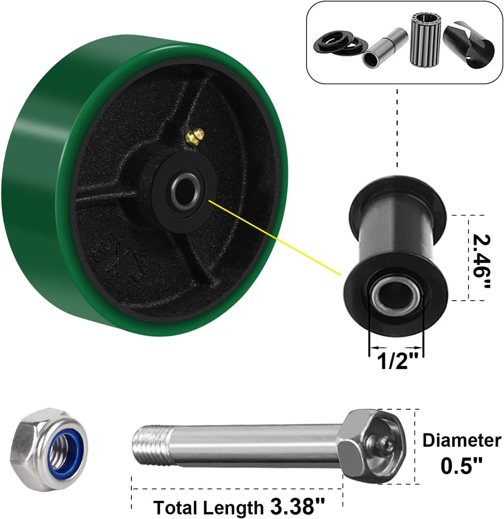 6' x 2' Heavy Duty Caster Wheels, Polyurethane on Cast Iron Wheel, Each Replacement Industrial Caster Wheels Load 1200lbs Capacity (10 Wheel, Green)