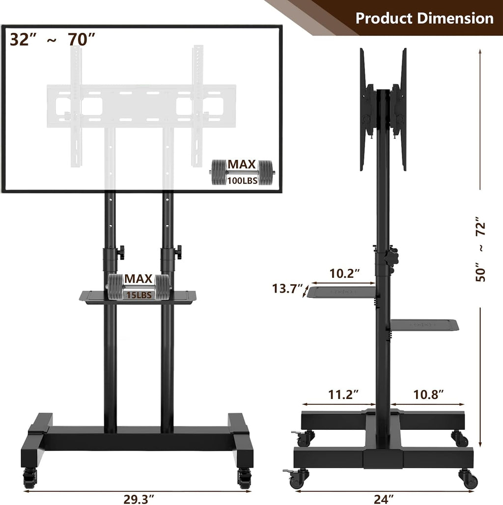 Mobile TV Stand Rolling TV Cart Floor Stand with Mount on Lockable Wheels Height Adjustable Shelf for 32-83 Inch TV Stand Flat Screen or Curved TVs Monitors Display Trolley (Black with 2 TV Brackets)