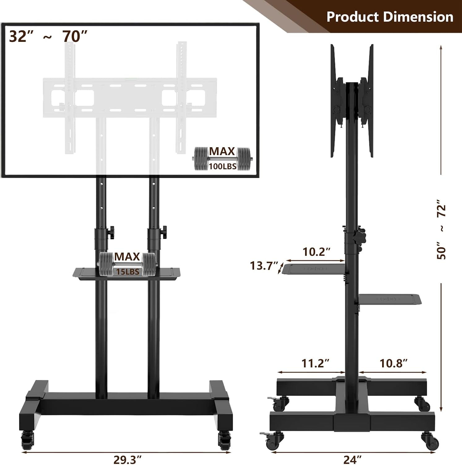 Mobile TV Stand Rolling TV Cart Floor Stand with Mount on Lockable Wheels Height Adjustable Shelf for 32-83 Inch TV Stand Flat Screen or Curved TVs Monitors Display Trolley (Black with 2 TV Brackets)