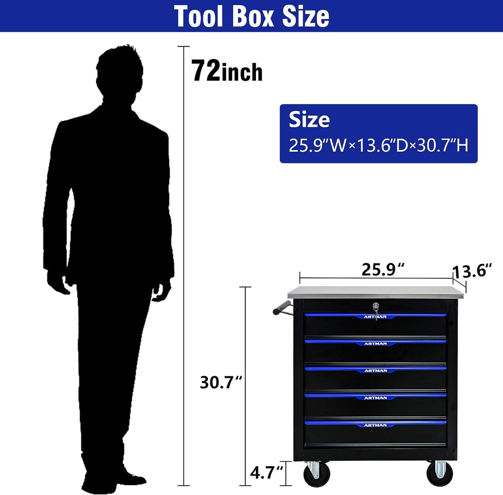 5 Drawers Rolling Tool Box on Wheels, Stainless Steel Countertop Multifunctional Tool Chest Cabinet with Lock, Drawers Rolling Tool Cart Trolley Organizer Tool Storage Case for Garage,Warehouse