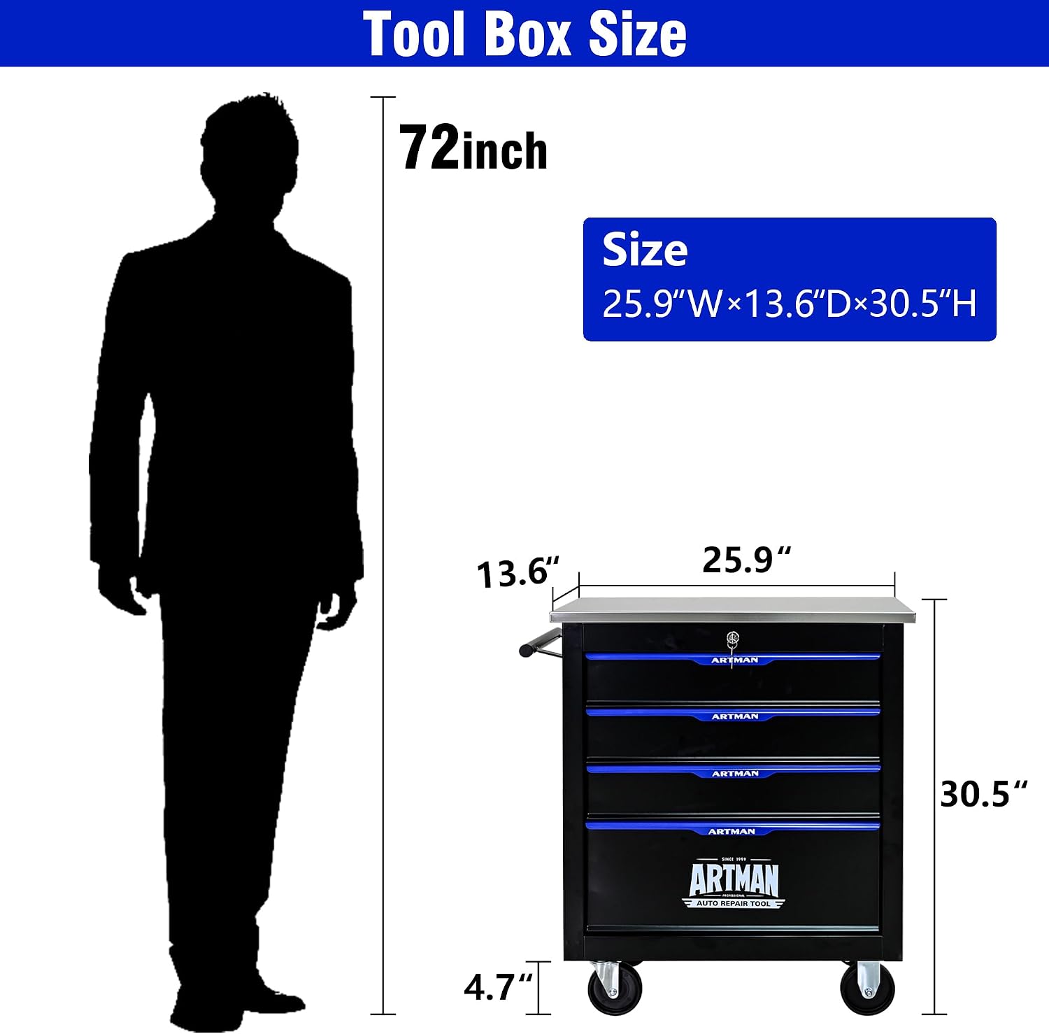 4 Drawers Tool Cart on Wheels with Stainless Steel Worktop, Heavy Duty Mobile Rolling Drawer Tool Chest with Secure Locking System & Locking Wheels for Garage,Warehouse,Workshop (Black&Blue)