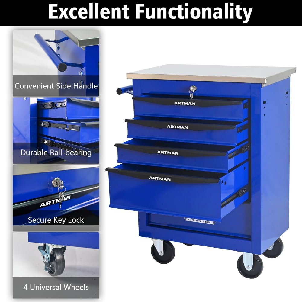 5 Drawers Multifunctional Tool Cart with Wheels,Metal Rolling Tool Cart Storage for Garage Workshop Warehouse Repair Shop-with Stainless Steel Roof- Black&Blue