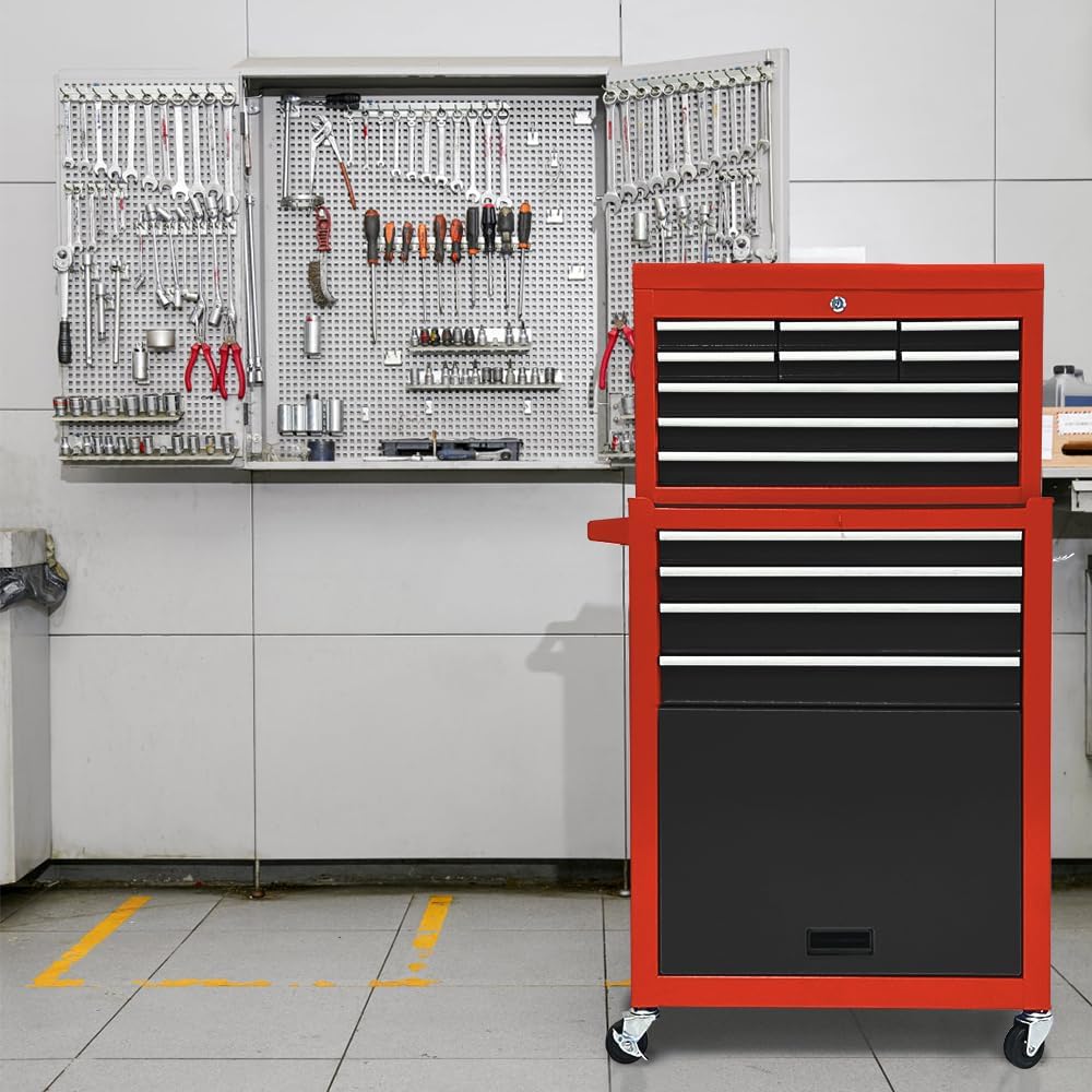 13 Drawers Tool Chest with Wheels,Large Capacity Tool Storage Cabinet with Tool Box, Locking Mechanical Tool Cart with Liner,Suitable for Garages, Warehouses-Black&Red