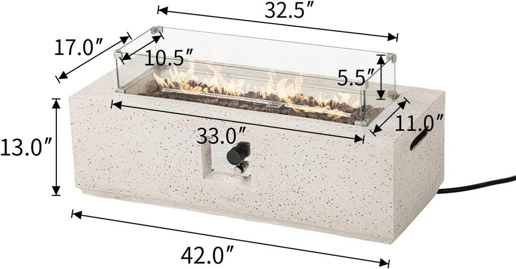 COSIEST Outdoor Propane Fire Pit Coffee Table, 42-inch x 13-inch Terrazzo Rectangle Base Patio Heater w Certified, 50,000 BTU Stainless Steel Burner, Wind Guard, Free Lava Rocks and Rain Cover