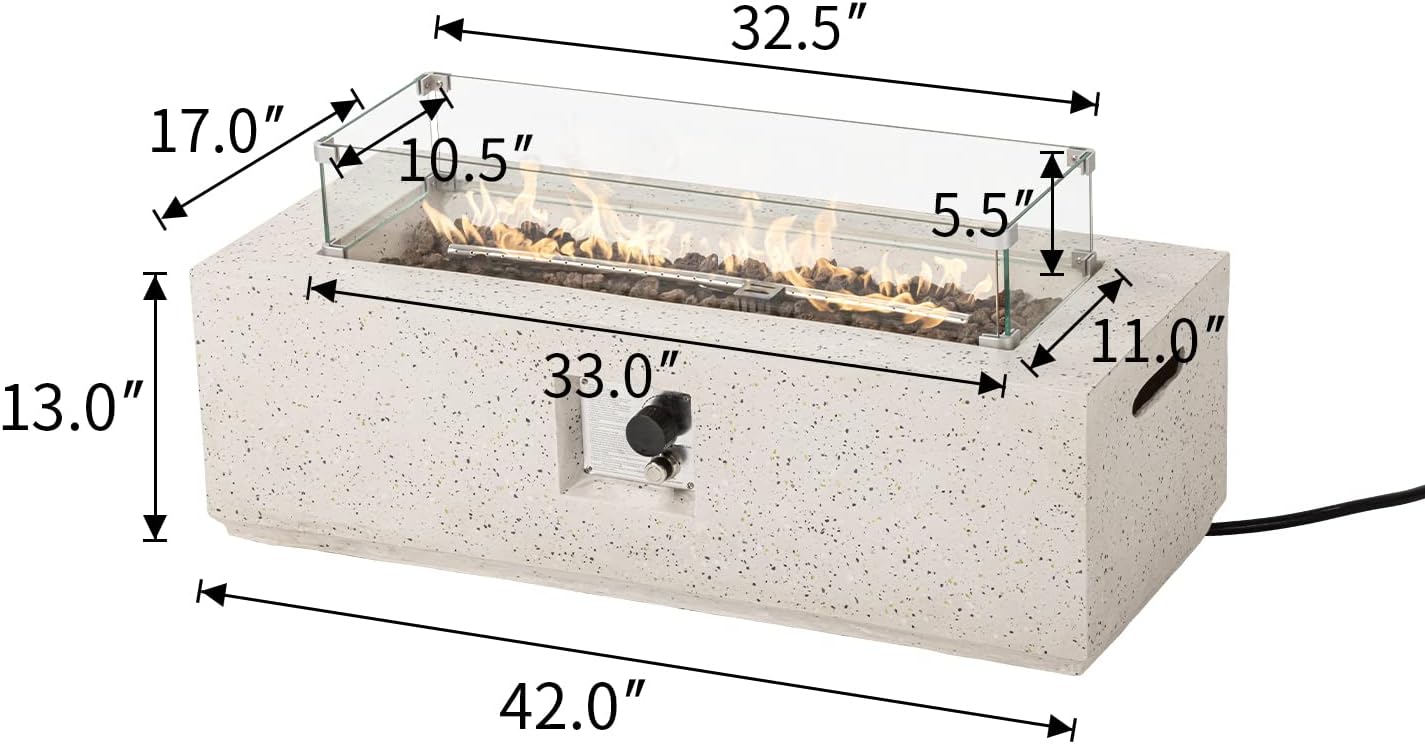 COSIEST Outdoor Propane Fire Pit Coffee Table, 42-inch x 13-inch Terrazzo Rectangle Base Patio Heater w Certified, 50,000 BTU Stainless Steel Burner, Wind Guard, Free Lava Rocks and Rain Cover