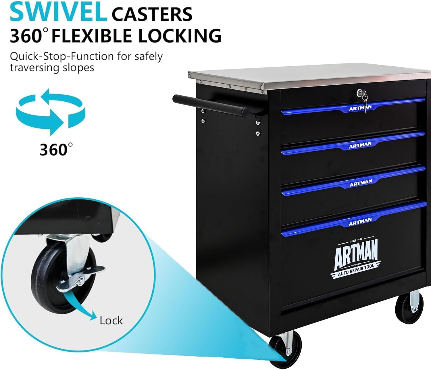 4 Drawers Tool Cart on Wheels with Stainless Steel Worktop, Heavy Duty Mobile Rolling Drawer Tool Chest with Secure Locking System & Locking Wheels for Garage,Warehouse,Workshop (Black&Blue)
