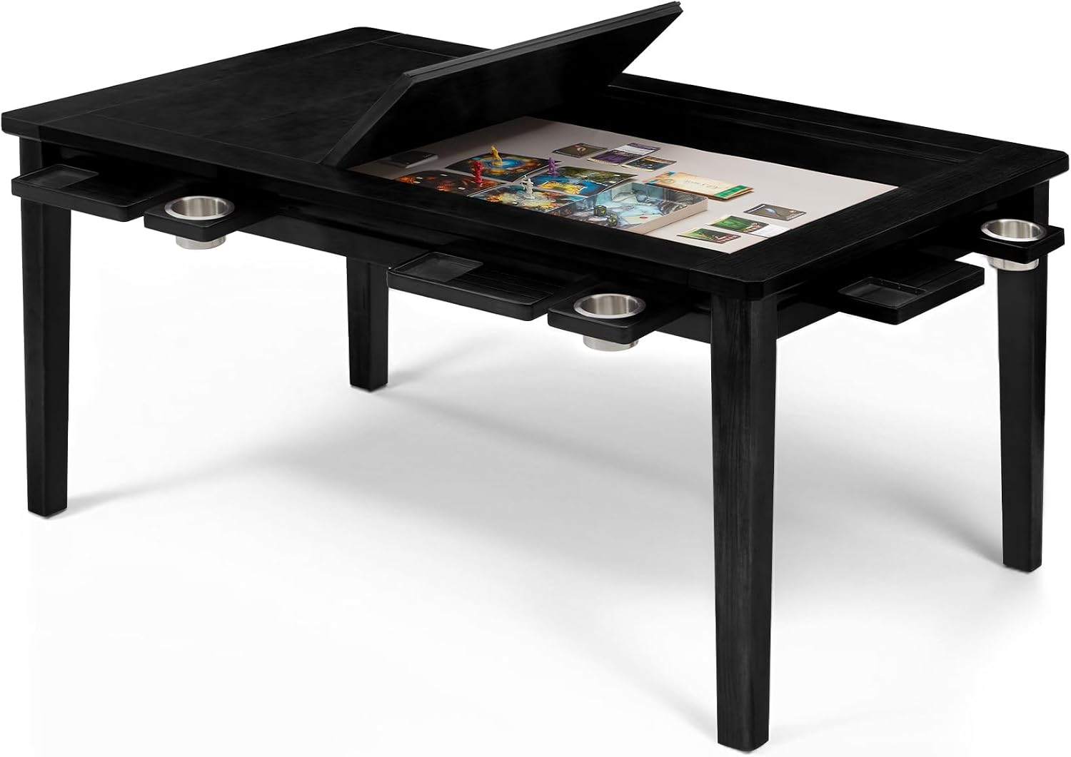 Coperat Solid Wood Board Game Table for 4-6 Players,Dining/Gaming Table w/ 54'x31' Big Gaming Space and Removable Top,Includes Game Mat, 6 Cup Holders & Hobby Tray,Black