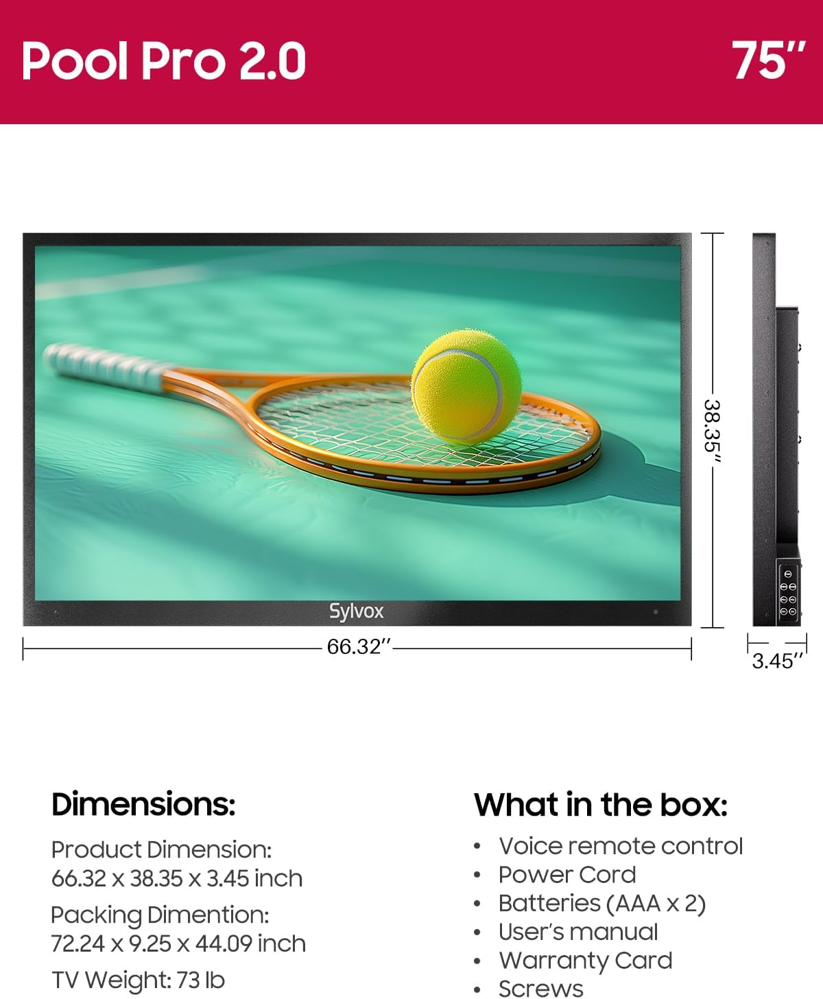 SYLVOX Outdoor TV, 75-Inch Waterproof Smart TV, 2000 nits Full Sun TV, 4K, Dolby Atmos, HDR10, Weatherproof Television with Voice Assistant Remote (Pool Pro 2.0, Latest Model)