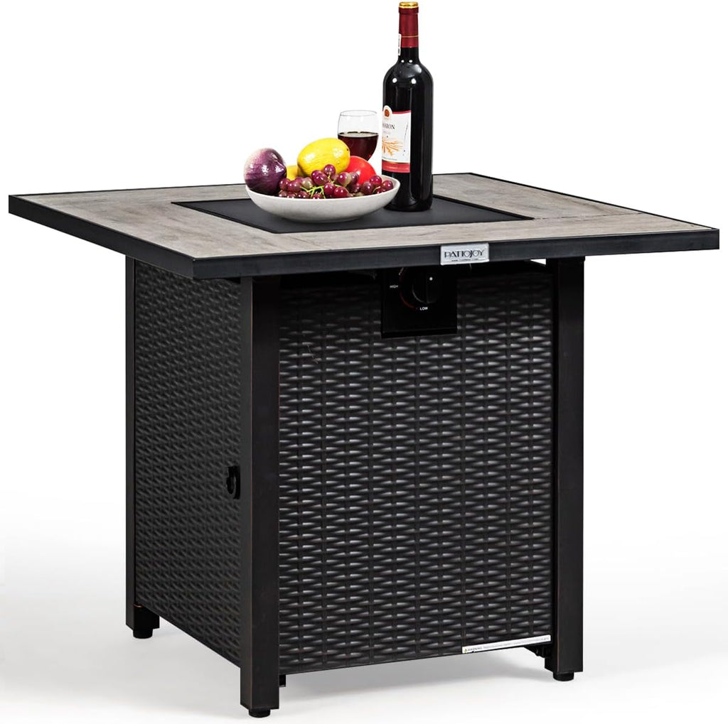 COSTWAY 30' Propane Gas Fire Table, Patio Square Fire Pit Table w/Stainless Steel Burner, 50,000 BTU Heat Output, Elegant Tile Tabletop, PVC Cover Perfect for Poolside, Backyard