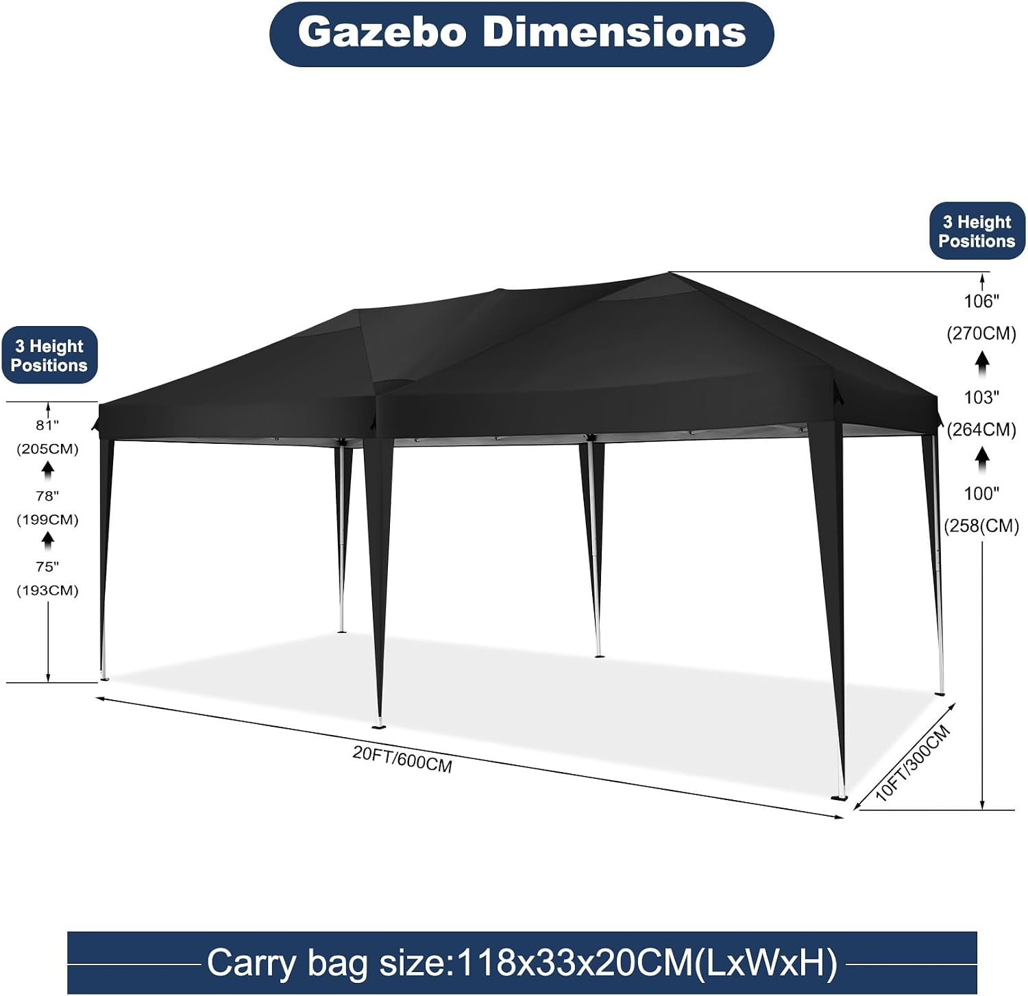 COBIZI 10x20 Pop Up Canopy Tent Party Tents for Parties Weddings Backyard Waterproof Outdoor Commercial Instant Canopy Event Tent with Stakes, Ropes,Sandbags, Black