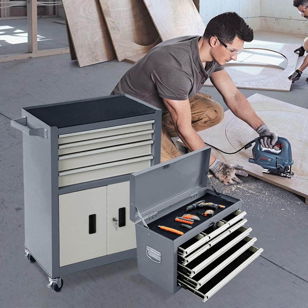 13-Drawer Double Doors Handle Rolling Tool Chest, 2 in 1 Detachable Rolling Tool Chests, Large Tool Boxes with Lock, Metal Standing Tool Cabinet for Garage Workshop(Gray)