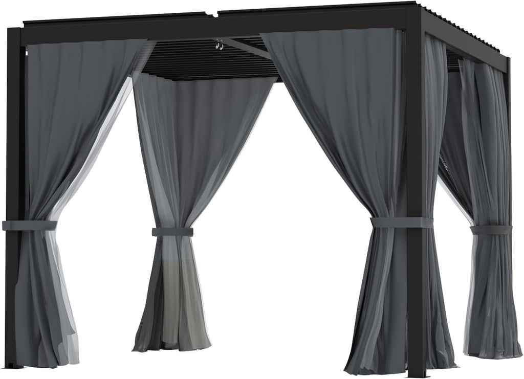 LVUYOYO 10' x 10' Louvered Pergola, Outdoor Pergola with Adjustable Roof, Aluminum Frame Metal Gazebo with Curtains and Netting for Patio, Backyard, Garden, Deck (Black)