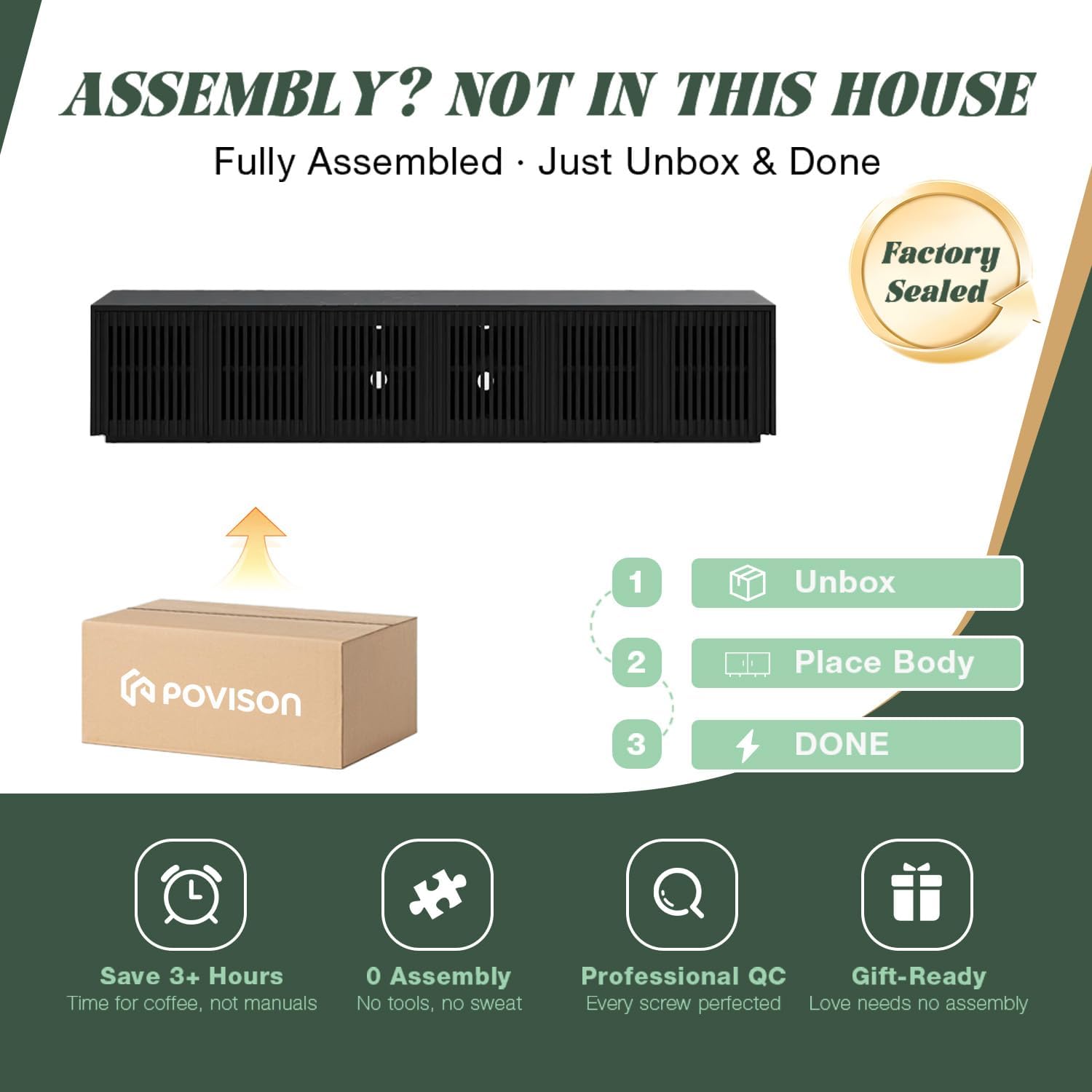 POVISON Full Assembled Mid Century Modern TV Stand, 95'' Wood Slatted TV Media Console for 85+ inch TV, Entertainment Center with Storage for Living Room Bedroom