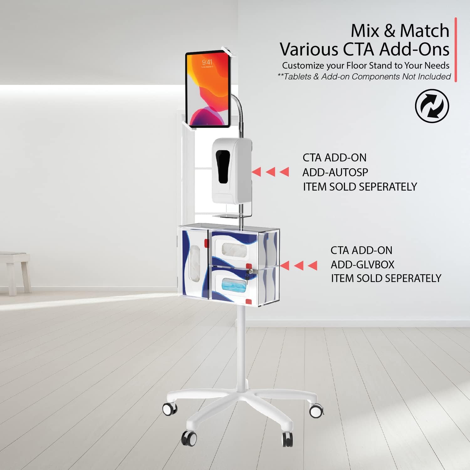 Medical Mobile Stand – CTA Medical Mobile Floor Stand for iPad 7/8/9 Gen 10.2', 12.9' iPad Pro, 11' iPad Pro, iPad mini, iPad Air 4, Surface Pro X, and Other 7-13' Tablet - White
