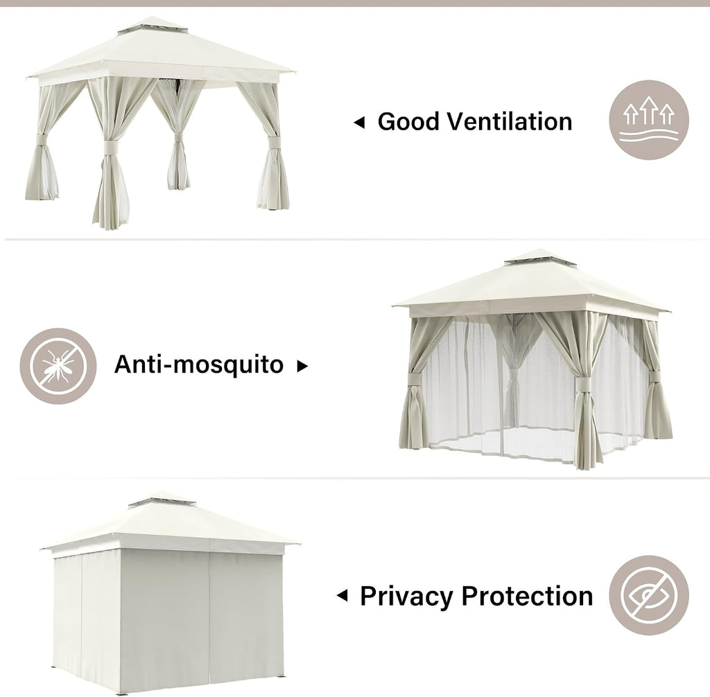 LAUSAINT HOME 10'x10' Outdoor Gazebo with 50FT String Lights, Metal Heavy Duty Patio Canopy Tent with Double Roofs, Mosquito Nettings and Privacy Screens for Backyard, Garden, Lawn, Cream White
