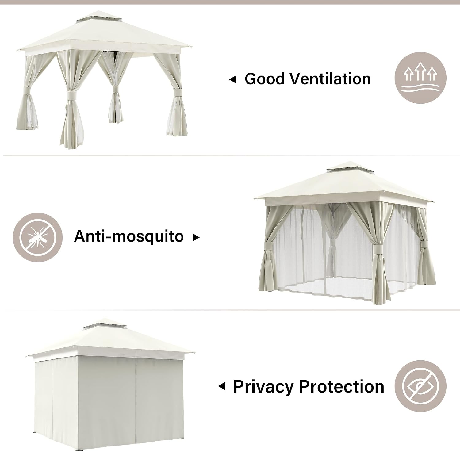 LAUSAINT HOME 10'x10' Outdoor Gazebo with 50FT String Lights, Metal Heavy Duty Patio Canopy Tent with Double Roofs, Mosquito Nettings and Privacy Screens for Backyard, Garden, Lawn, Cream White