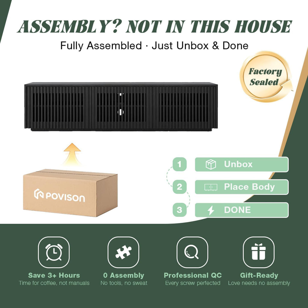 POVISON Full Assembled Mid Century Modern TV Stand, 59.06' Wood Slatted Media Console for 55 inch TV, Entertainment Center with Storage for Living Room, Low Cabinet with Removable Shelves