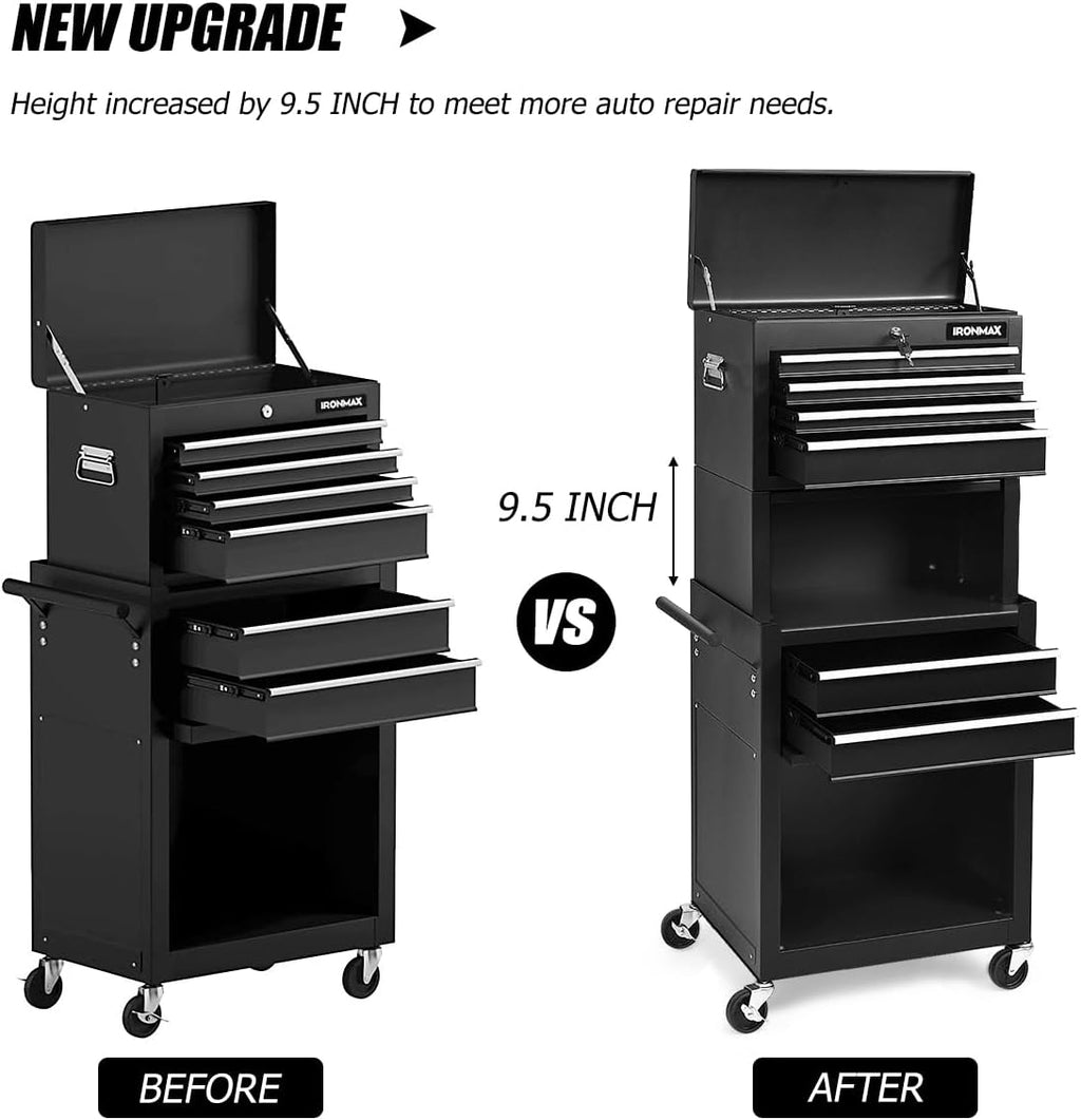 IRONMAX Tool Cabinet on Wheels, 6-Drawer Lockable Rolling Tool Chest w/ 4 Universal Wheels, 2 in 1 Detachable Tool Box Storage Organizer for Garage Workshop Repair Shop, Black