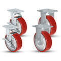6 x 2 Heavy Duty Caster Set with Red Polyurethane on Steel Wheels, 1,200 lbs Capacity per Caster, 6' Size (4 Pack), Toolbox casters
