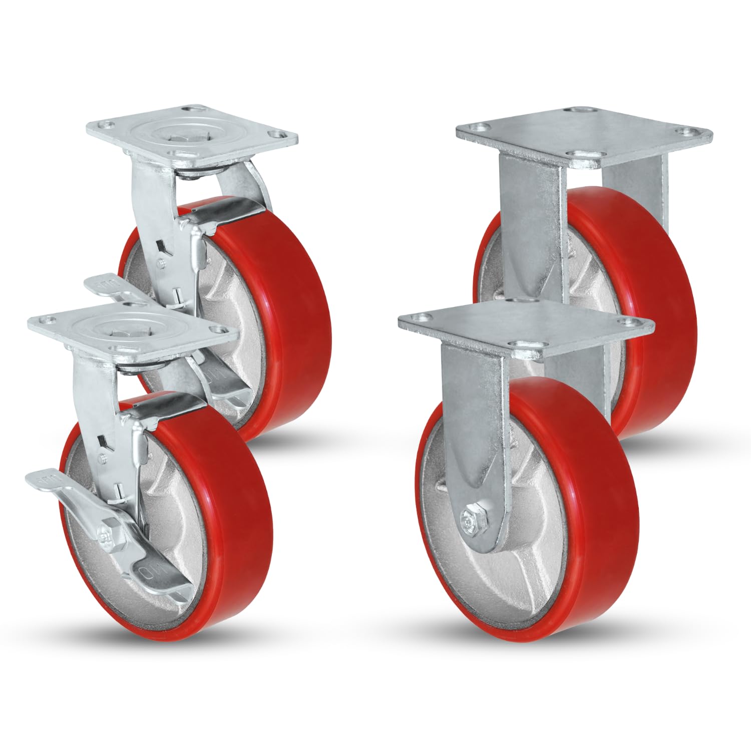 6 x 2 Heavy Duty Caster Set with Red Polyurethane on Steel Wheels, 1,200 lbs Capacity per Caster, 6' Size (4 Pack), Toolbox casters