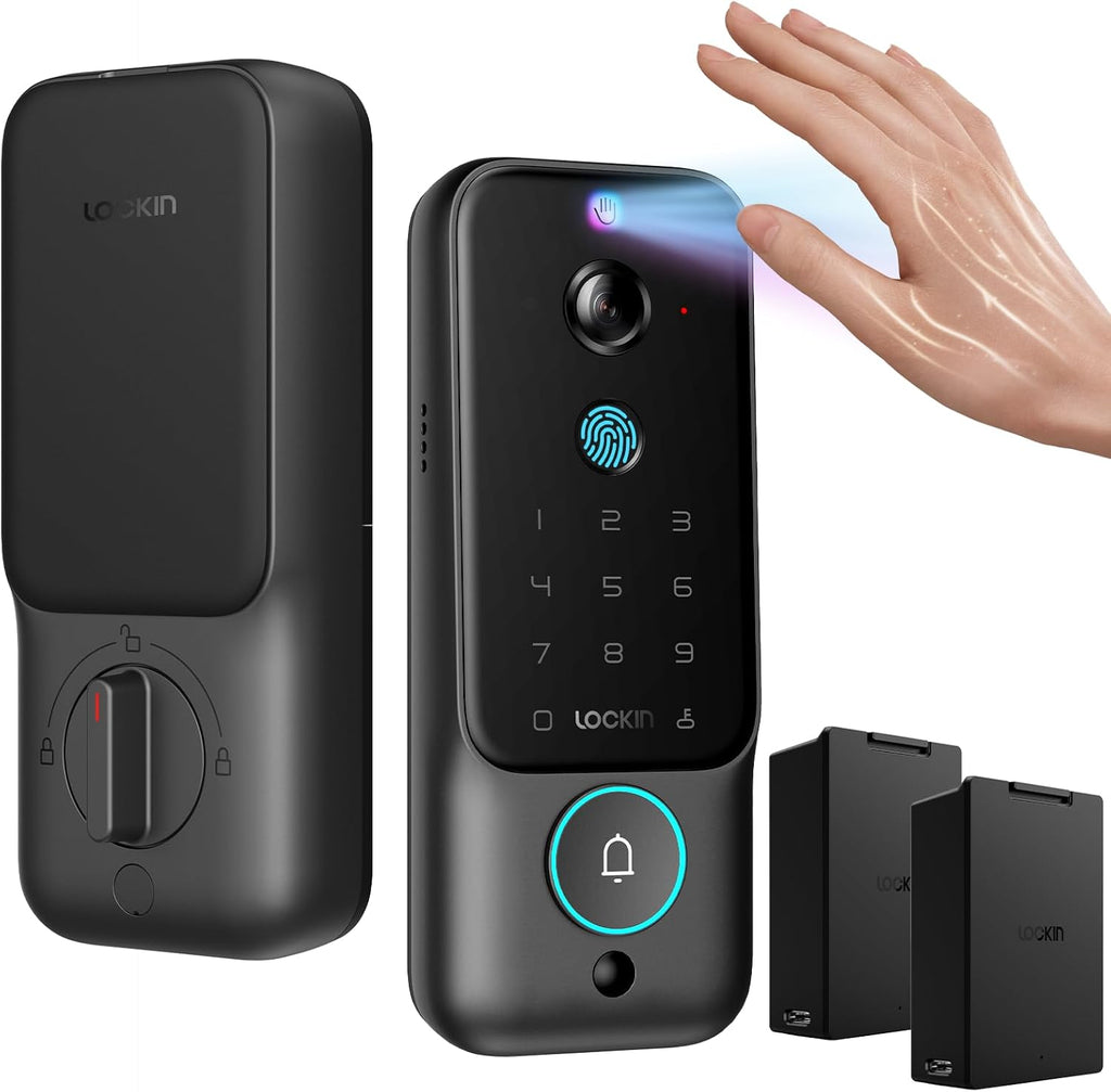Lockin Veno Plus Smart Lock with Dual Swappable Batteries, 6-Month Power, 2K 180° Camera & Video Doorbell, Palm Vein/Fingerprint Entry, Built-in WiFi, App Control, No Subscription