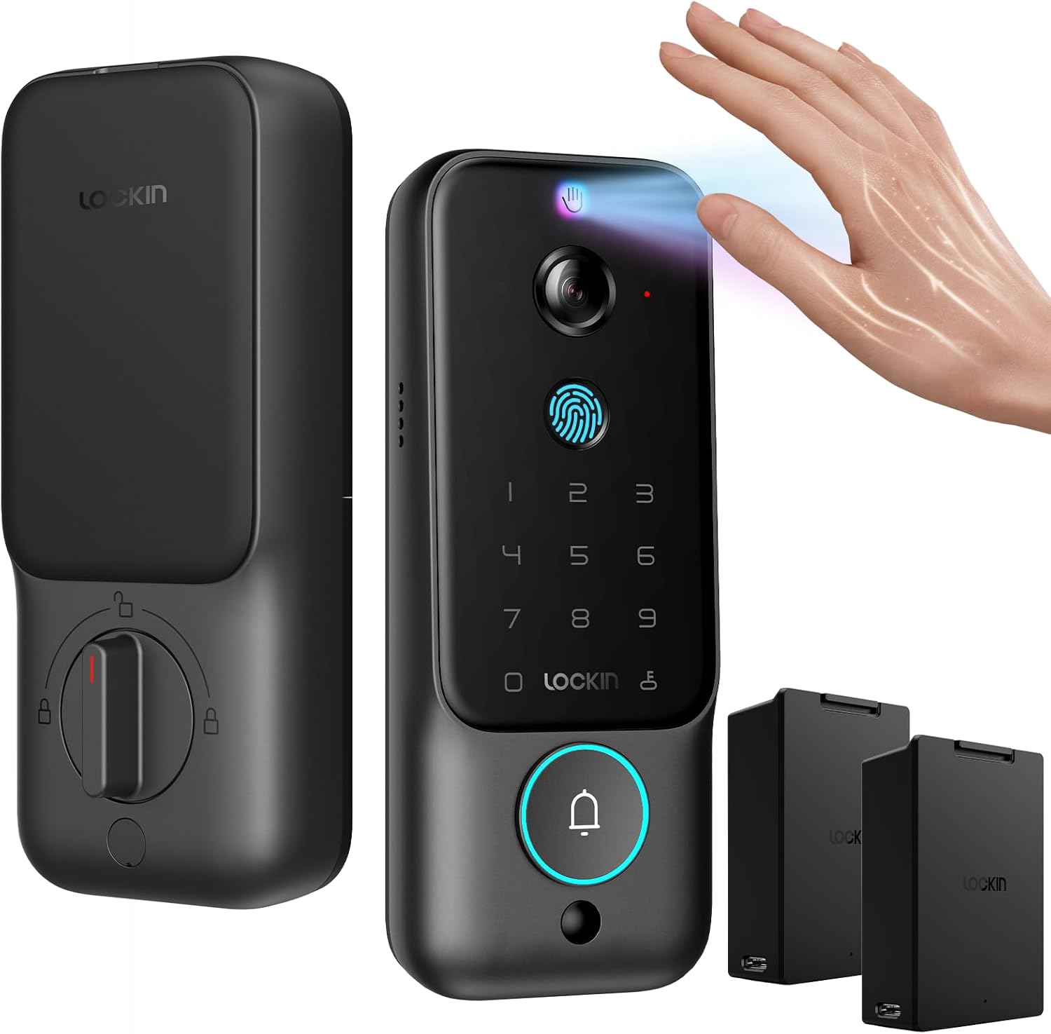 Lockin Veno Plus Smart Lock with Dual Swappable Batteries, 6-Month Power, 2K 180° Camera & Video Doorbell, Palm Vein/Fingerprint Entry, Built-in WiFi, App Control, No Subscription
