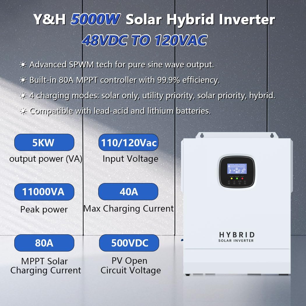 Y&H 5000W Hybrid Solar Inverter AC 120V to DC 48V, UL1741, Battery-Free Operation Supported, with 80A MPPT Charging 6000W PV Input, 11kW Peak, Lithium/Lead-Acid Compatible, for Home, RV, Off-Grid Use