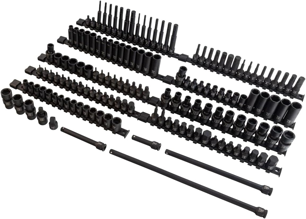 SUNEX 35145 3/8' Drive SAE & Metric 6 Point Standard & Deep with Universals, Star (E and Tamperproof), Triple Square, & Hex Bit, 145-Piece