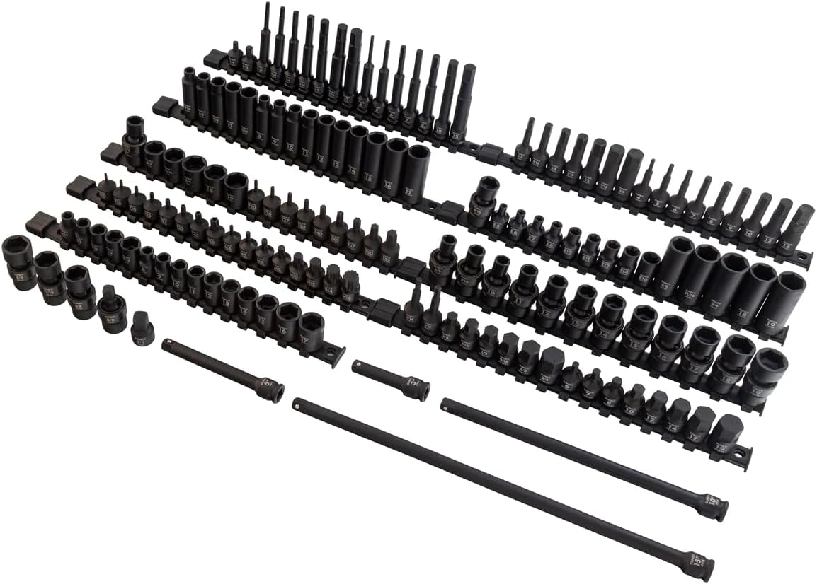 SUNEX 35145 3/8' Drive SAE & Metric 6 Point Standard & Deep with Universals, Star (E and Tamperproof), Triple Square, & Hex Bit, 145-Piece