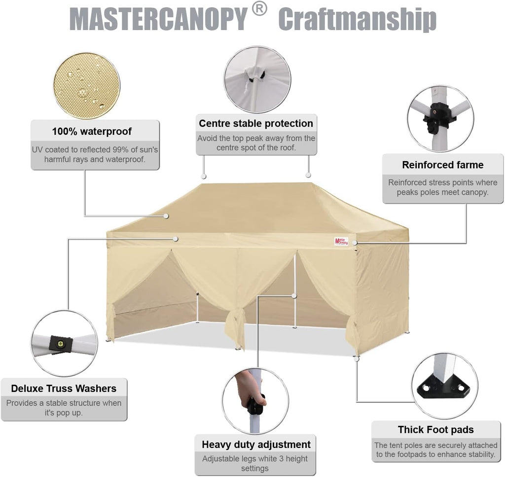 MASTERCANOPY Heavy Duty Pop-up Canopy Tent with Sidewalls (10x20,Beige)