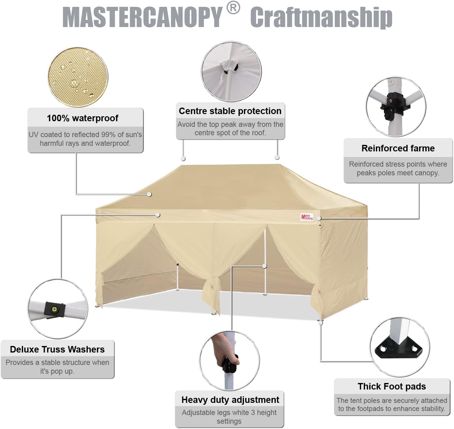 MASTERCANOPY Heavy Duty Pop-up Canopy Tent with Sidewalls (10x20,Beige)