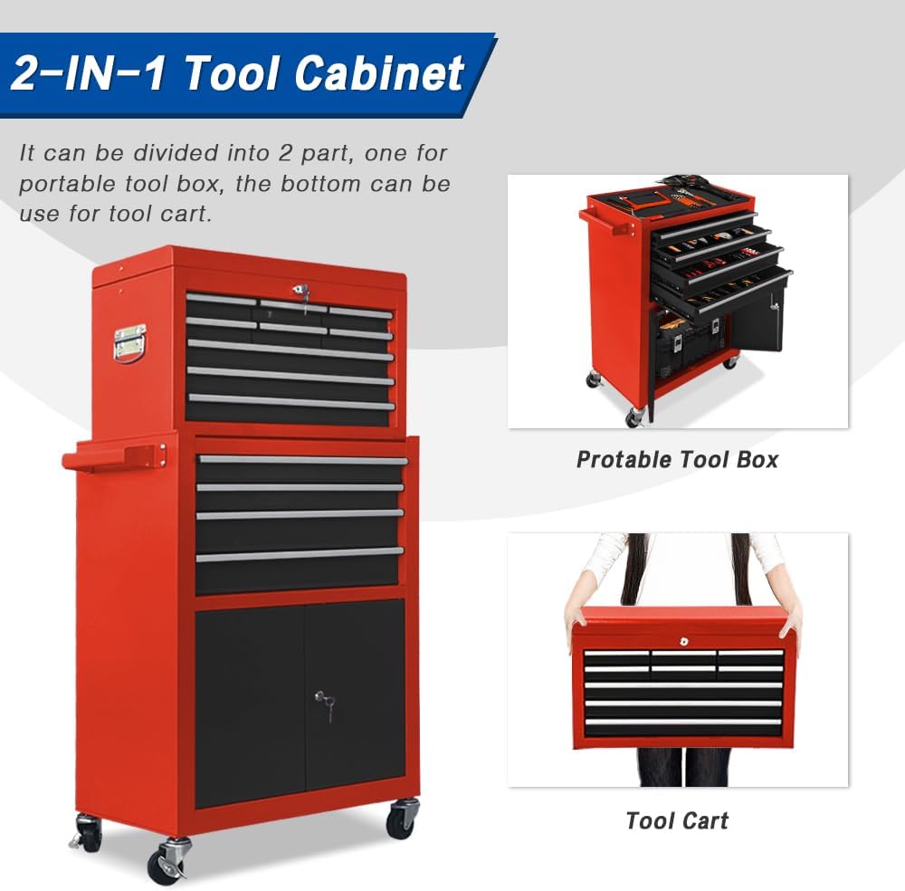 13 Drawers Tool Chest with Wheels, Rolling Tool Organizer with Drawers, Metal Tool Cabinet for Garage, Workshop(Red-Black)