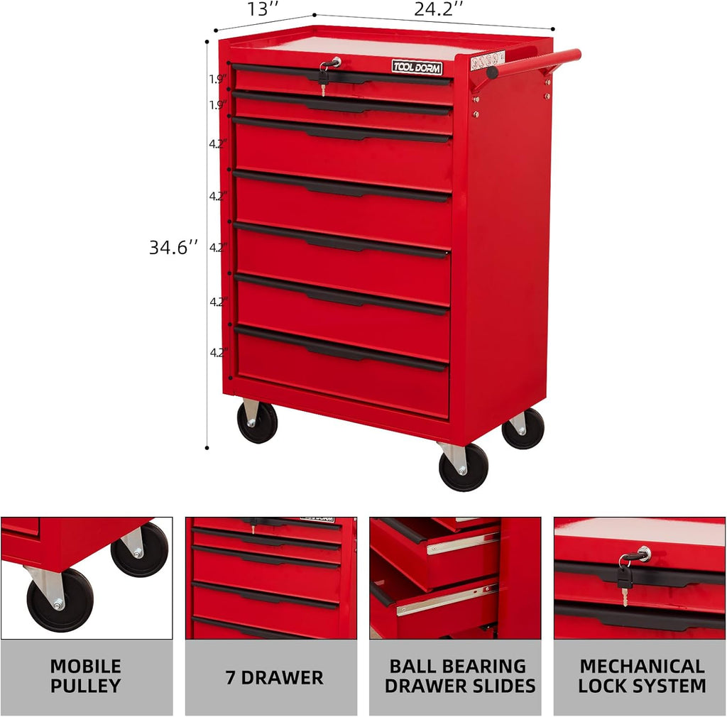 7-Drawer Rolling Tool Chest Cabinet, Large Capacity Metal Tool Box with Wheels and Keyed Locking, Roll Around Storage Organizer Tool Cart for Garage, Warehouse, Work Shop - Red