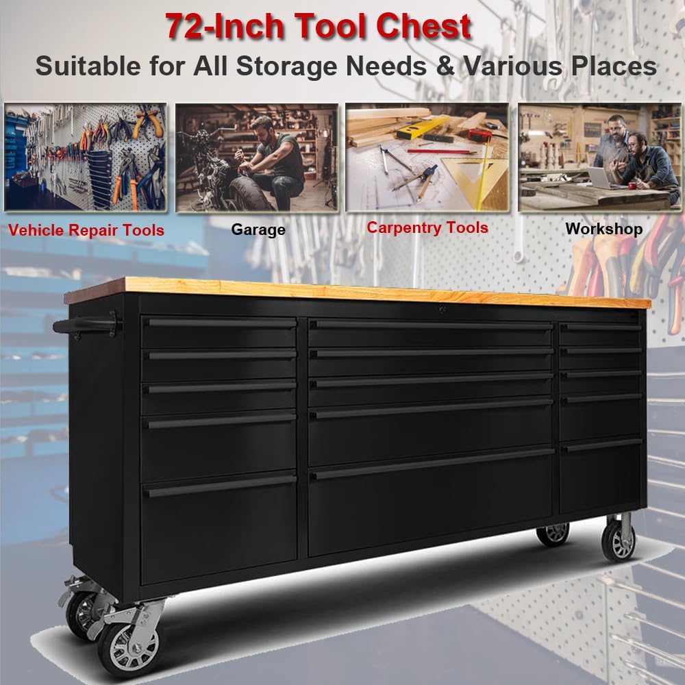 72-inch Rolling Tool Chest with 15 Drawers, Mobile Workbench, Assembled Large Tool Box Lockable Storage Cabinet with Wheels for Garage Workshop (72'' w/15 Drawers - Black)