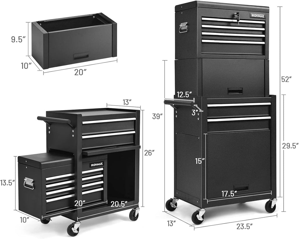 ERGOMASTER Rolling Tool Chest - Removable Top Box Large Bottom Cabinet with Casters and Lock System Tool-Box - Heighten 6-Drawer Black