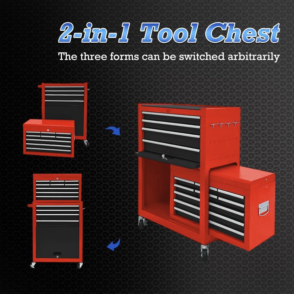 13 Drawer Tool Chest,Tool box with Wheels, Rolling Tool Cabinets with Drawers, Top Detachable Tool Chest with Hooks Handles for Workshop Mechanical Garage - (Black＆Red)