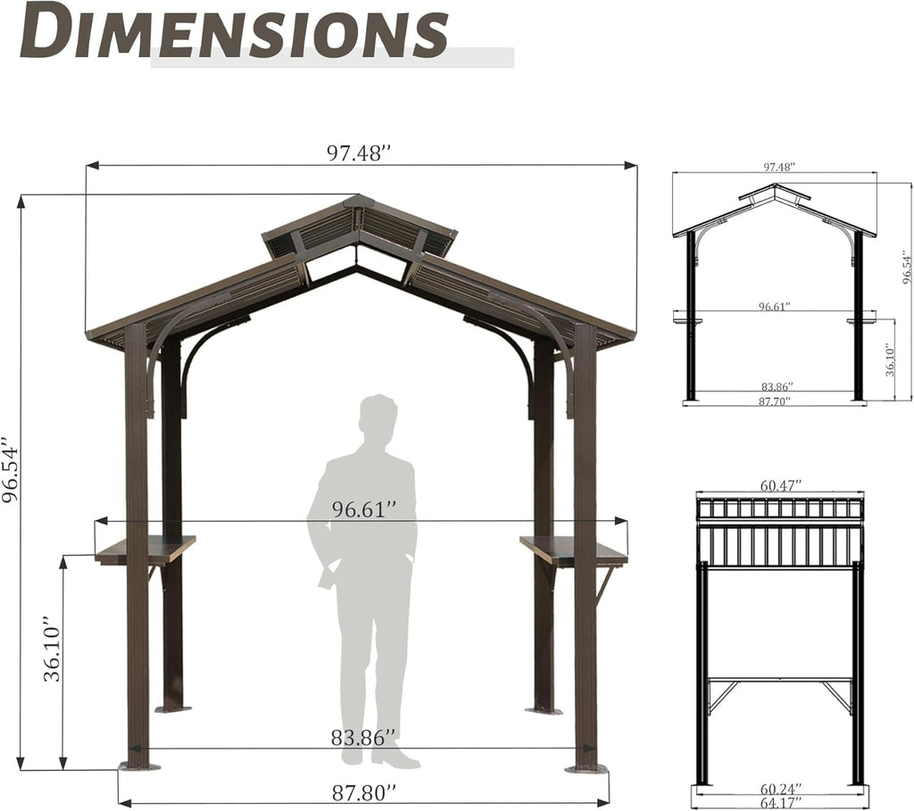 【LuckyNote】8×5FT Hardtop Grill Gazebo, Outdoor BBQ Gazebo w/Galvanized Steel Double Roof, Permanent Sun Shade Grill Canopy Shelter with 2 Side Shelves and Ceiling Hook for Patio Deck,2 parcels (Brown)