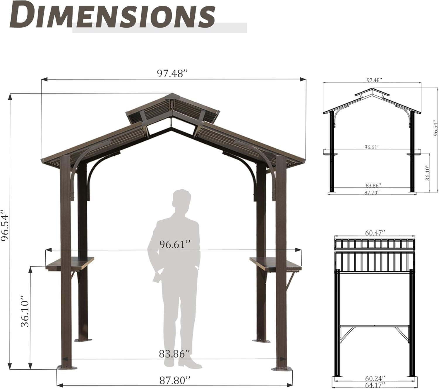 【LuckyNote】8×5FT Hardtop Grill Gazebo, Outdoor BBQ Gazebo w/Galvanized Steel Double Roof, Permanent Sun Shade Grill Canopy Shelter with 2 Side Shelves and Ceiling Hook for Patio Deck,2 parcels (Brown)